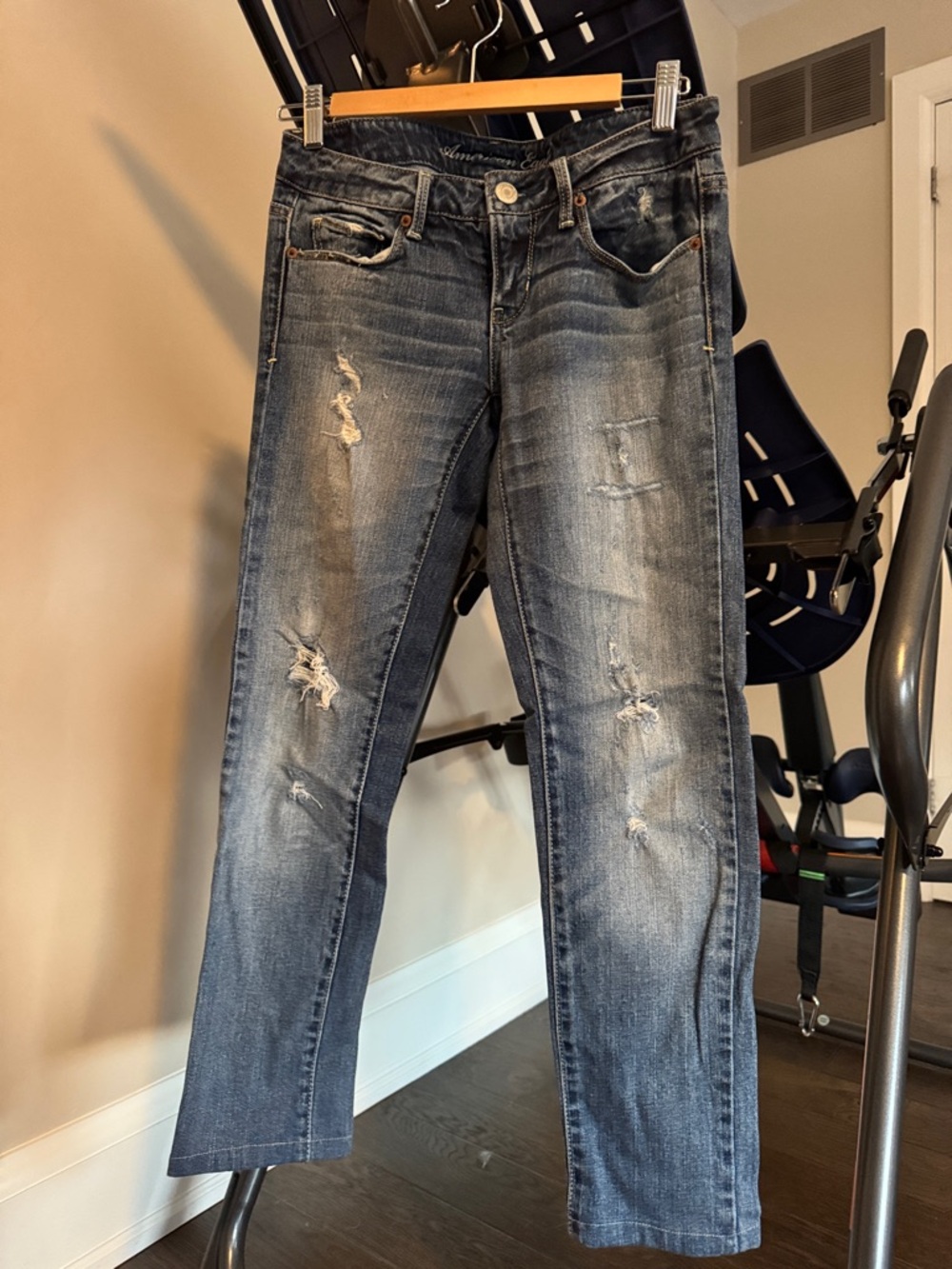 American Eagle Outfitters Distressed Straight Leg Jeans - Dark Blue